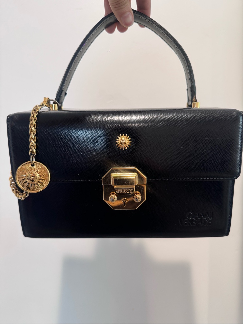 Gianni Versace Medusa Sun Handbag Box Shape Charm Black Leather